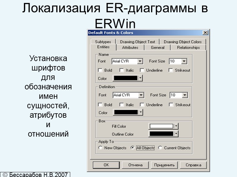 Локализация ER-диаграммы в ERWin Установка шрифтов для обозначения имен сущностей, атрибутов и отношений 